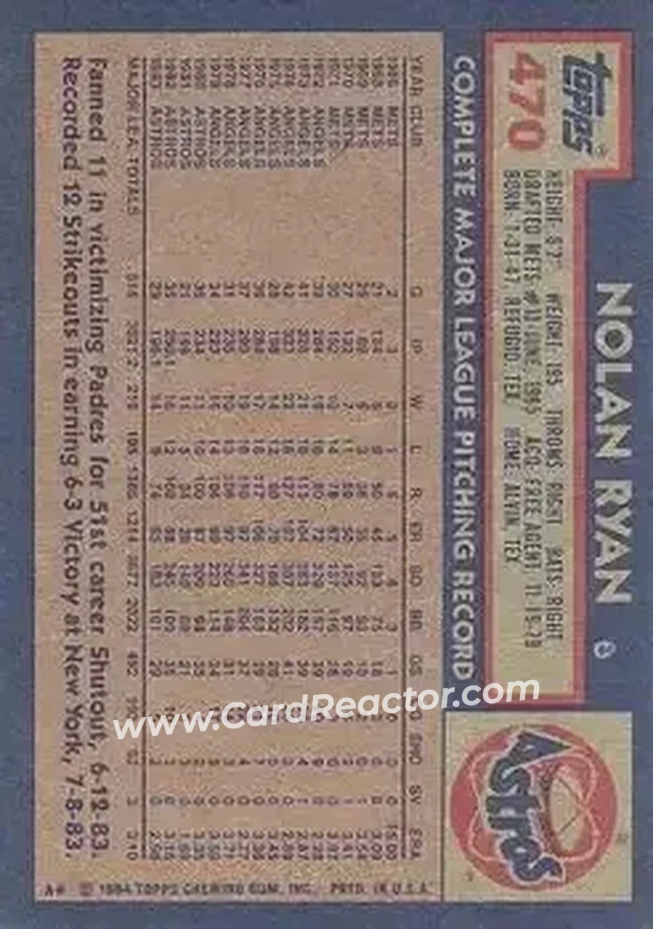 1984 Topps #470 - Nolan Ryan - Houston Astros - Back 1984 Topps #470 - Nolan Ryan - Houston Astros - Back