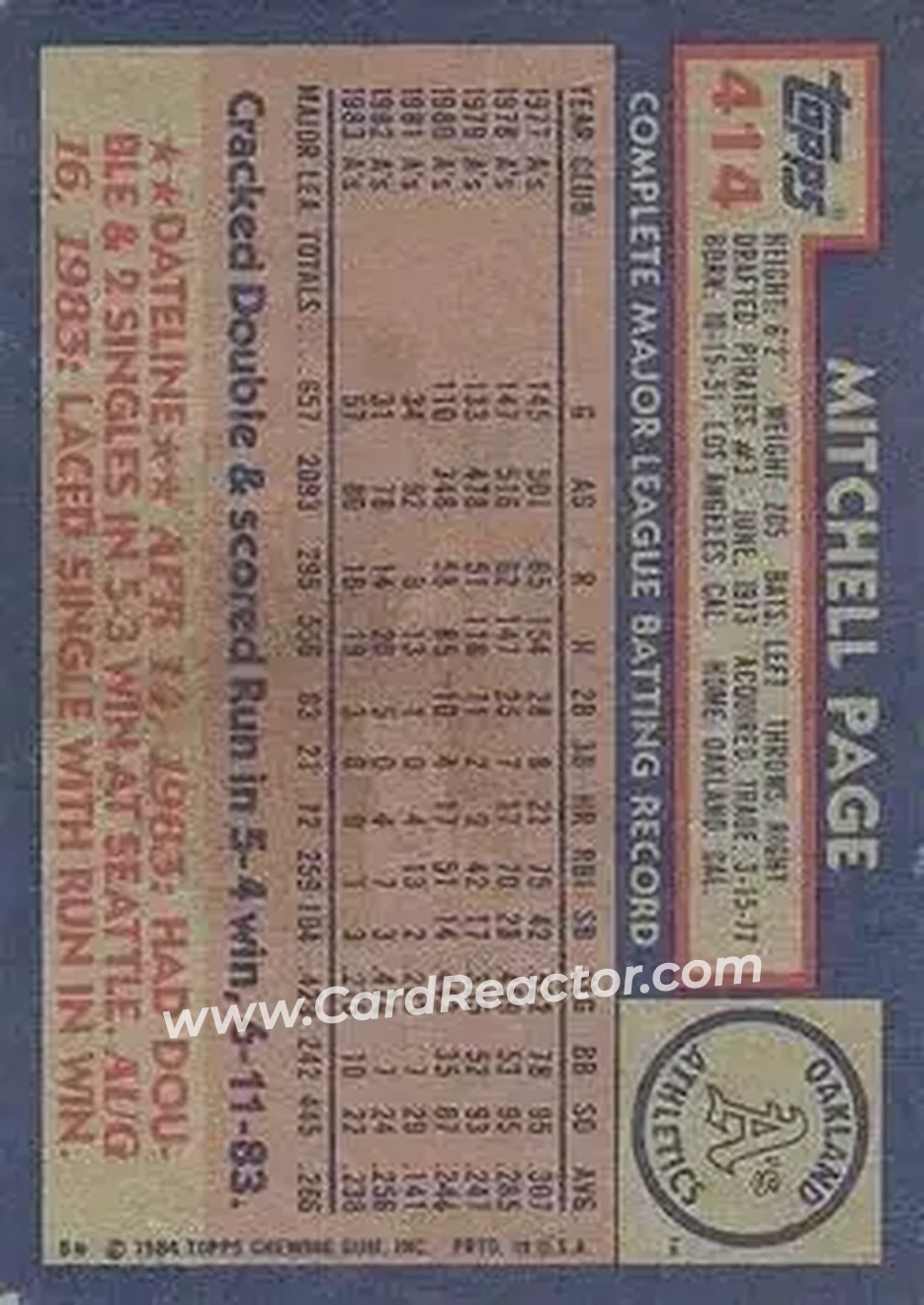 1984 Topps #414 - Mitchell Page - Oakland Athletics - Back 1984 Topps #414 - Mitchell Page - Oakland Athletics - Back