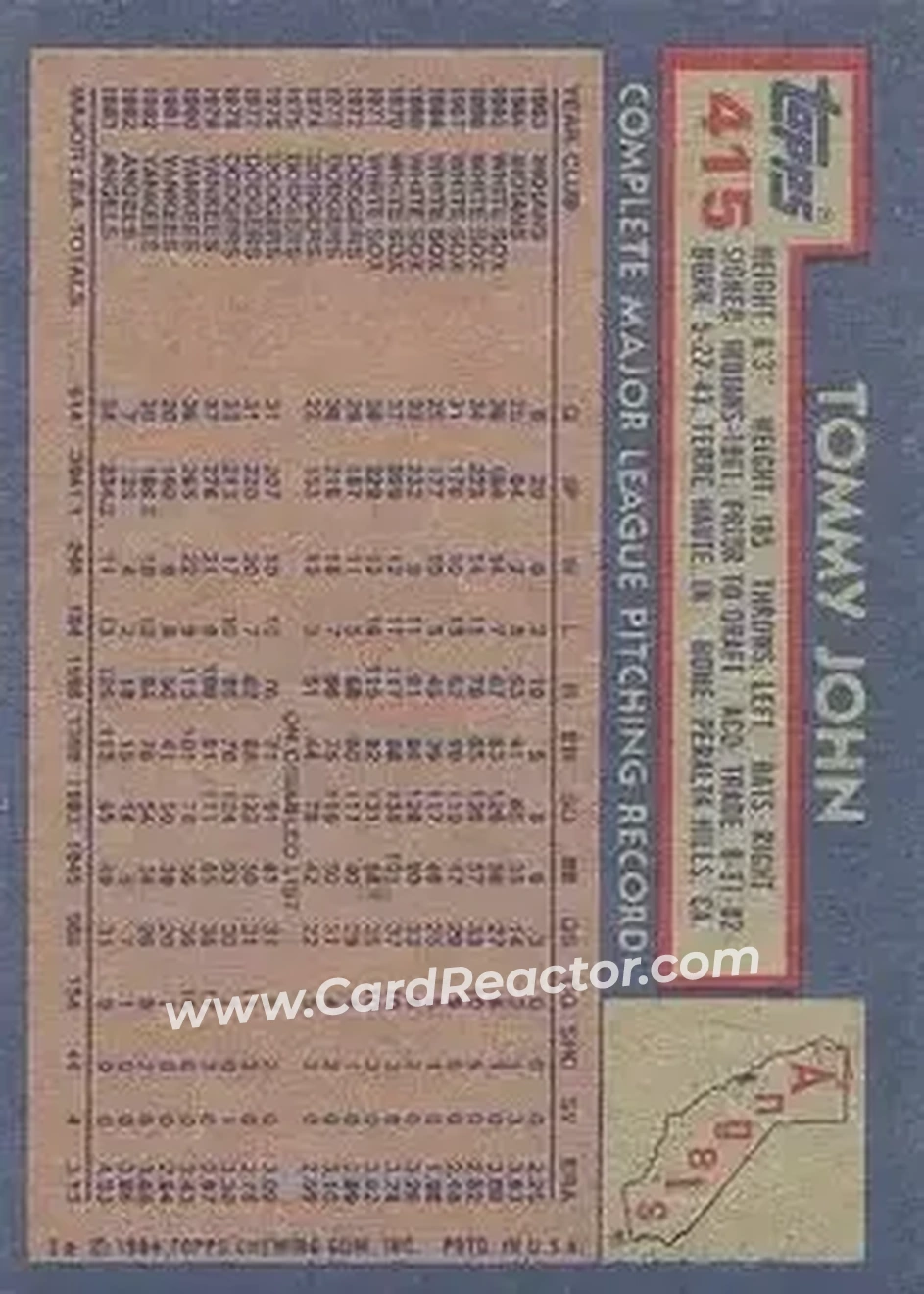 1984 Topps #415 - Tommy John - California Angels - Back 1984 Topps #415 - Tommy John - California Angels - Back