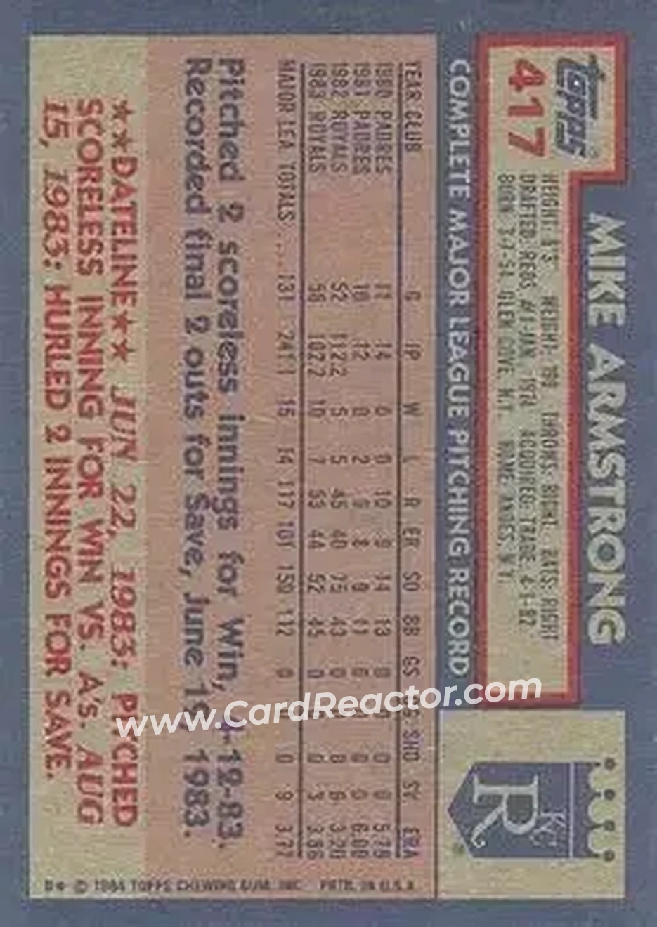 1984 Topps #417 - Mike Armstrong - Kansas City Royals - Back 1984 Topps #417 - Mike Armstrong - Kansas City Royals - Back
