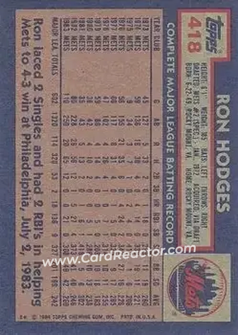 1984 Topps #418 - Ron Hodges - New York Mets - Back