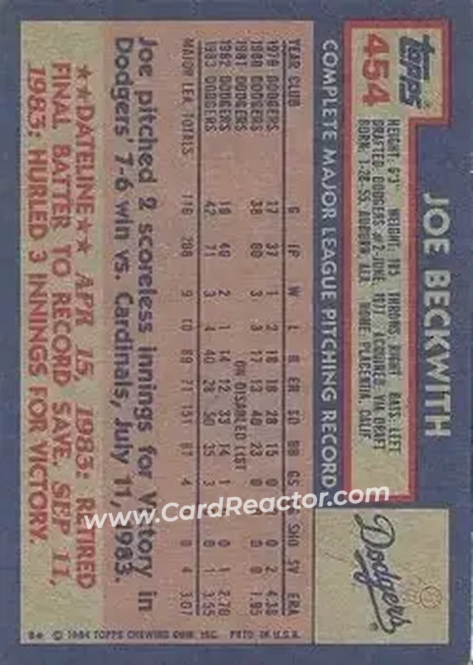 1984 Topps #454 - Joe Beckwith - Los Angeles Dodgers - Back