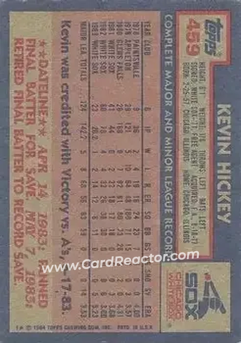 1984 Topps #459 - Kevin Hickey - Chicago White Sox - Back