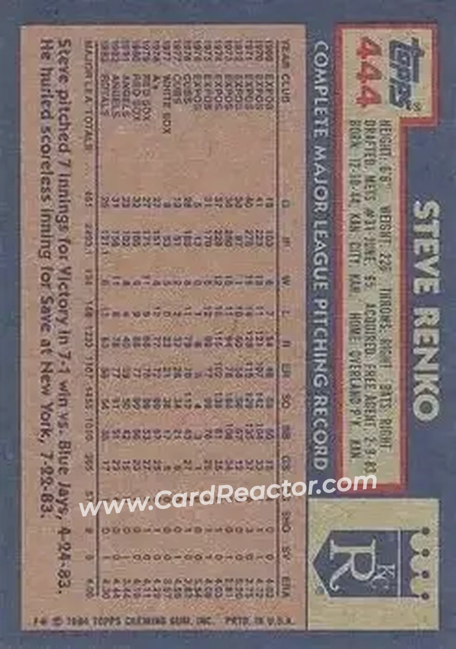 1984 Topps #444 - Steve Renko - Kansas City Royals - Back