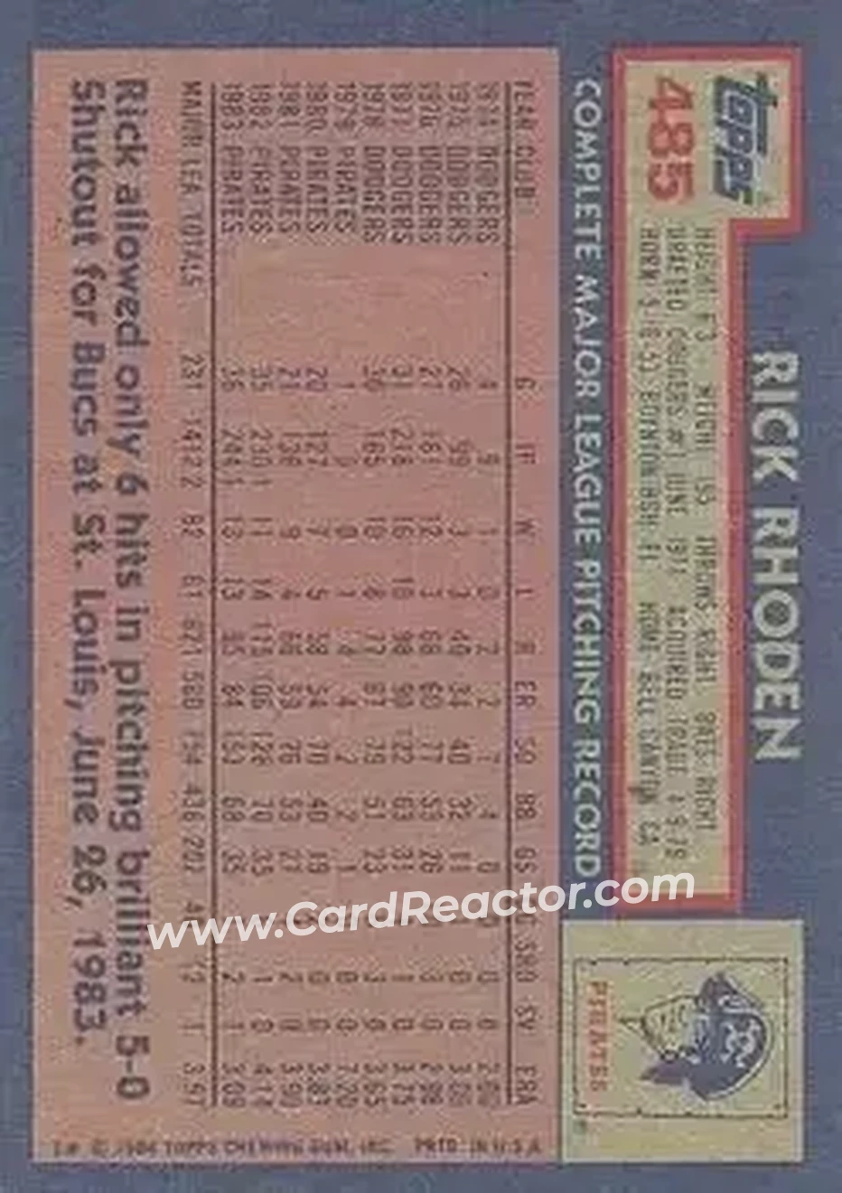 1984 Topps #485 - Rick Rhoden - Pittsburgh Pirates - Back