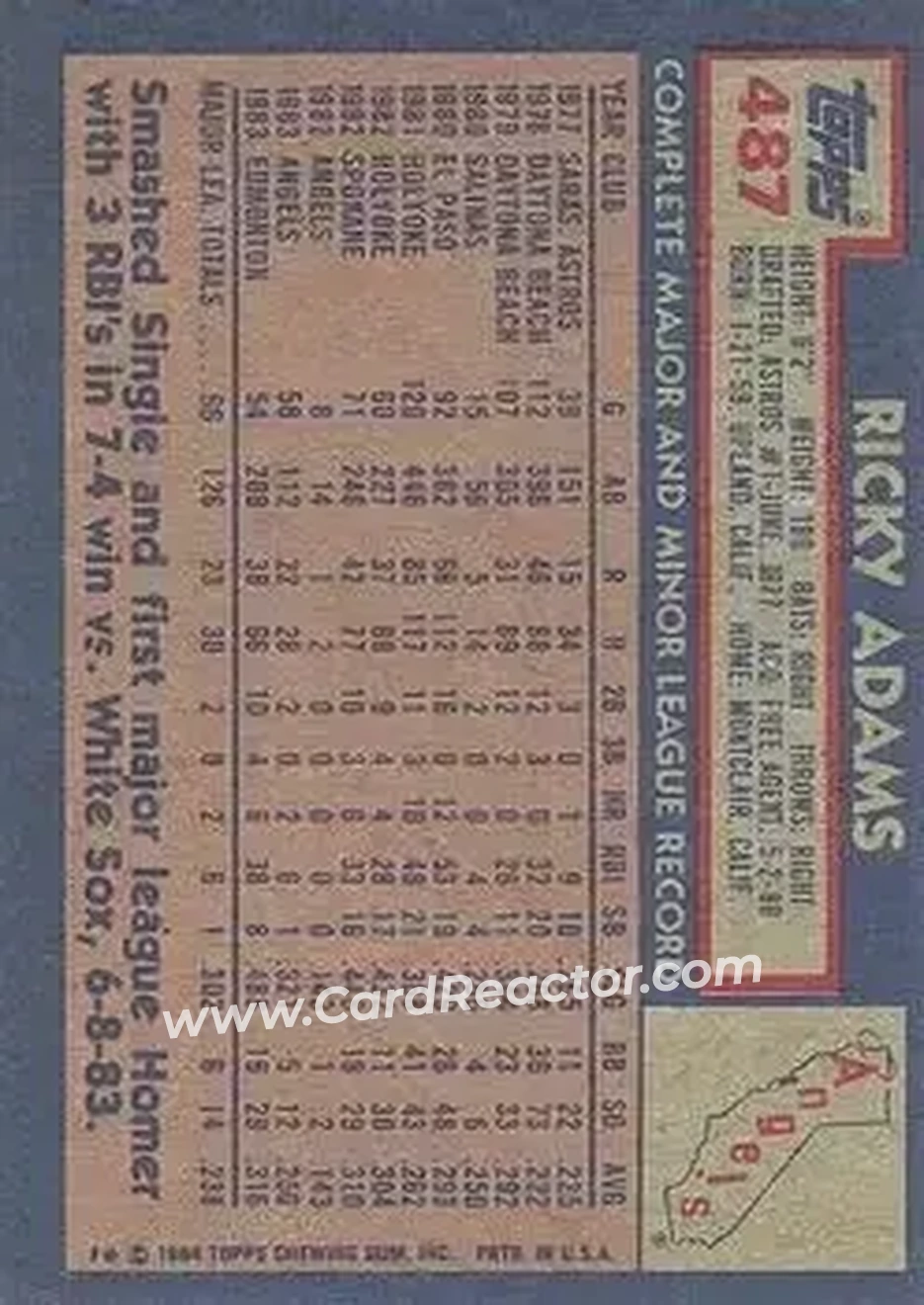 1984 Topps #487 - Ricky Adams - California Angels - Back