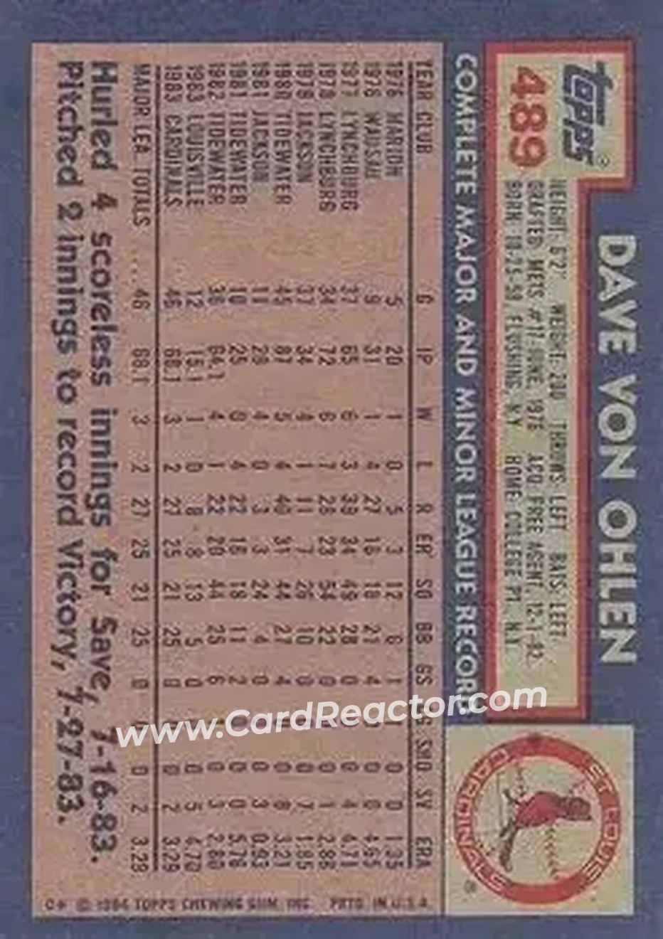 1984 Topps #489 - Dave Von Ohlen - St. Louis Cardinals - Back 1984 Topps #489 - Dave Von Ohlen - St. Louis Cardinals - Back