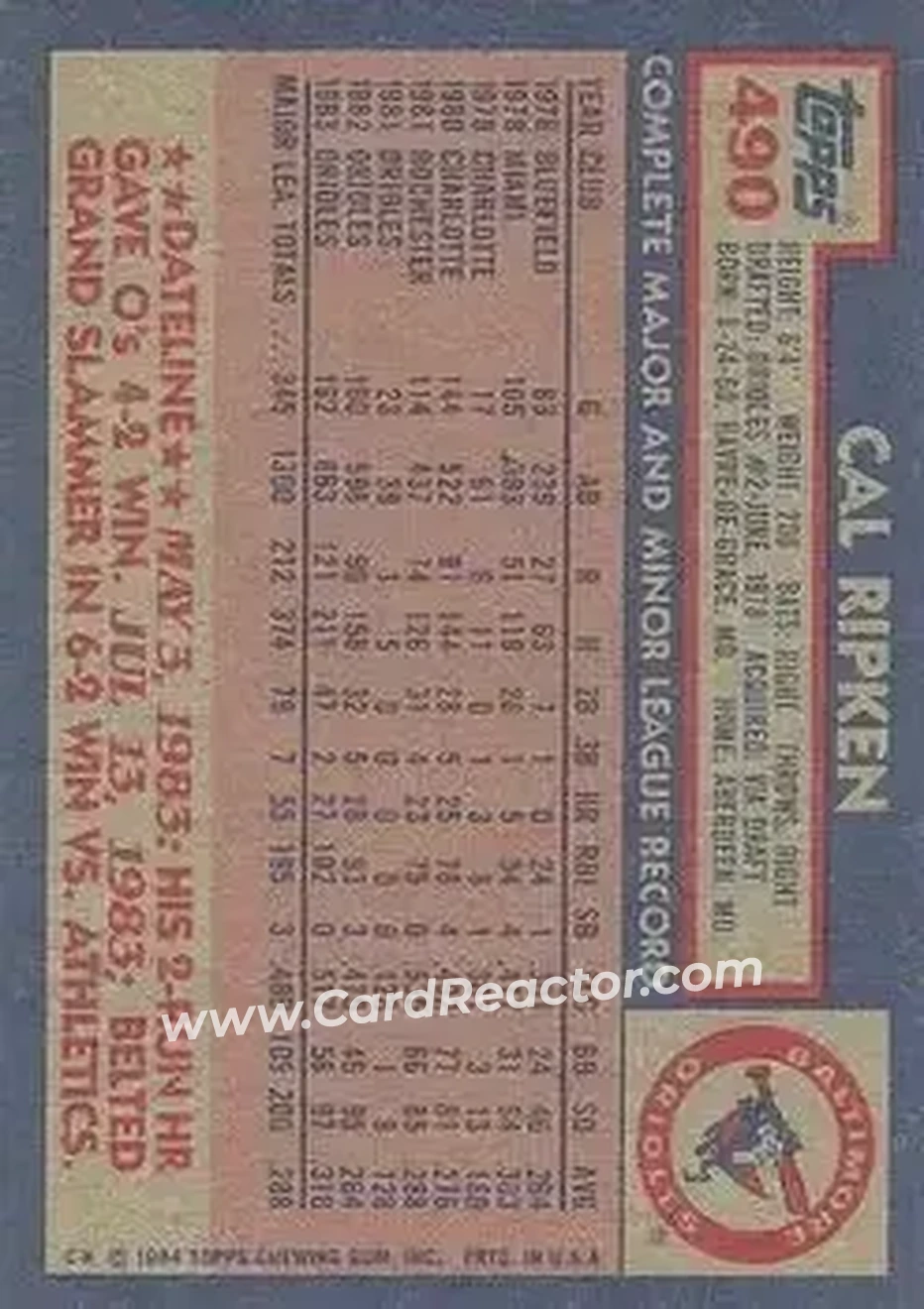 1984 Topps #490 - Cal Ripken - Baltimore Orioles - Back