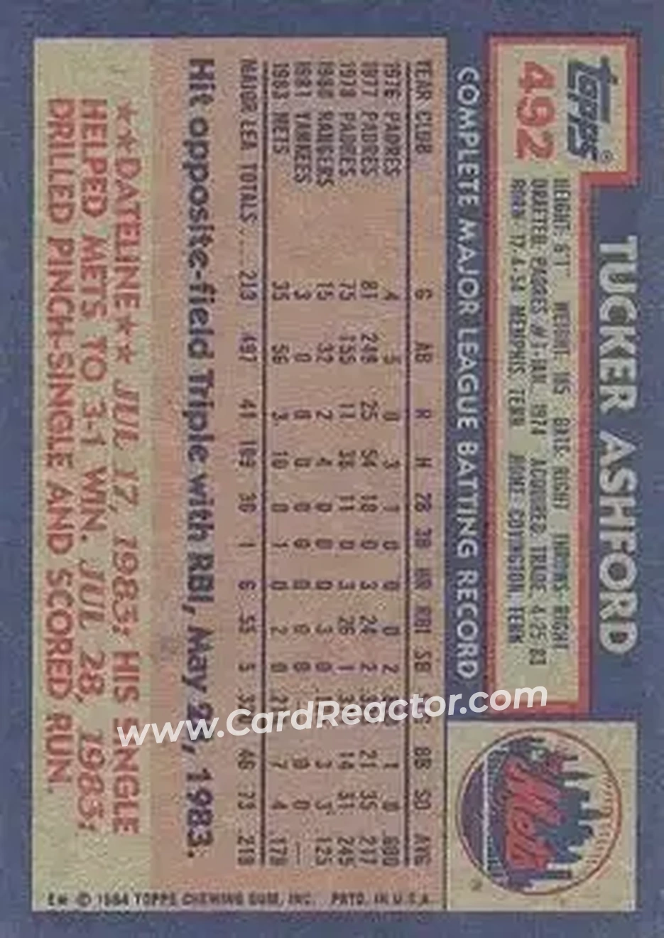 1984 Topps #492 - Tucker Ashford - New York Mets - Back