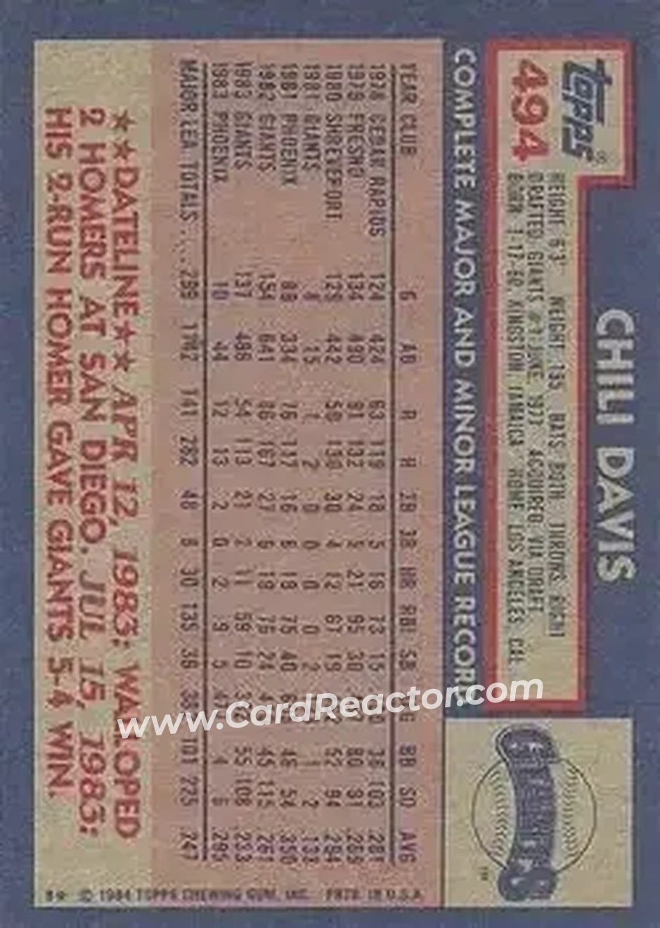1984 Topps #494 - Chili Davis - San Francisco Giants - Back 1984 Topps #494 - Chili Davis - San Francisco Giants - Back