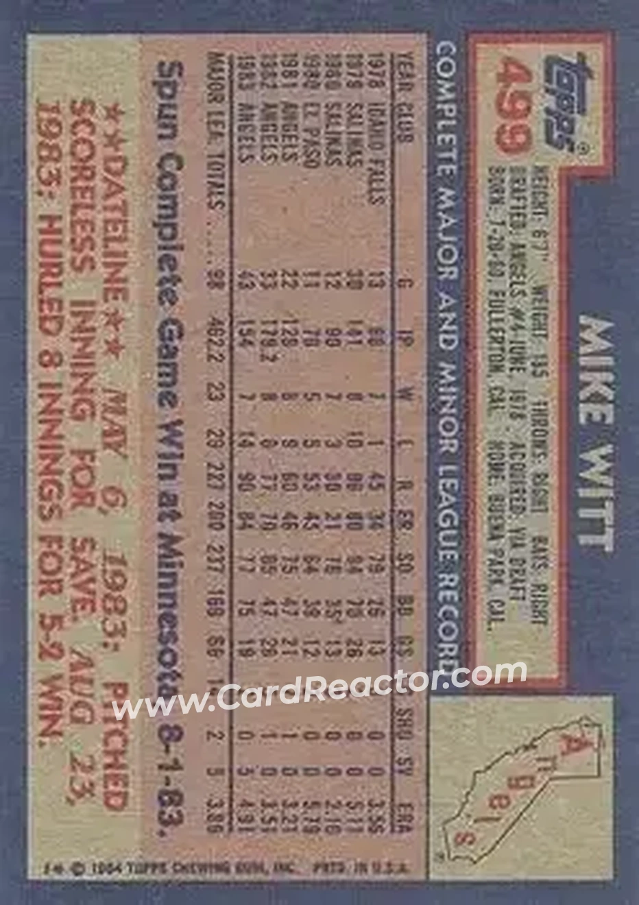 1984 Topps #499 - Mike Witt - California Angels - Back 1984 Topps #499 - Mike Witt - California Angels - Back
