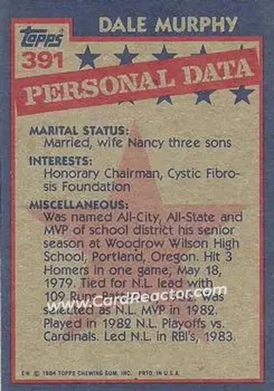 1984 Topps #391 - Dale Murphy - Atlanta Braves - Back