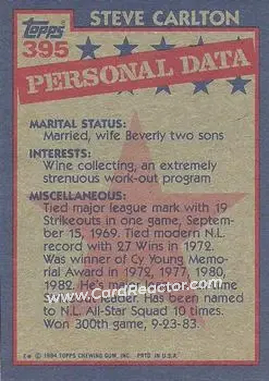 1984 Topps #395 - Steve Carlton - Philadelphia Phillies - Back