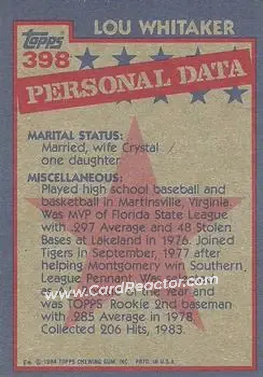 1984 Topps #398 - Lou Whitaker - Detroit Tigers - Back