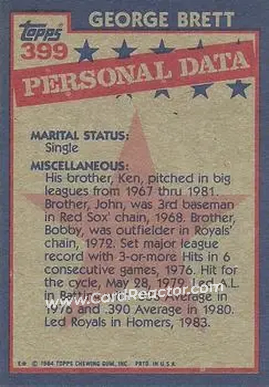1984 Topps #399 - George Brett - Kansas City Royals - Back