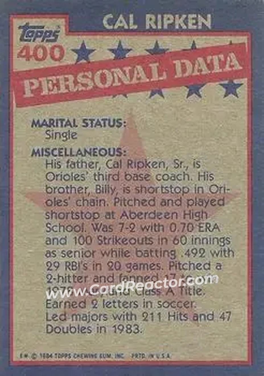 1984 Topps #400 - Cal Ripken - Baltimore Orioles - Back