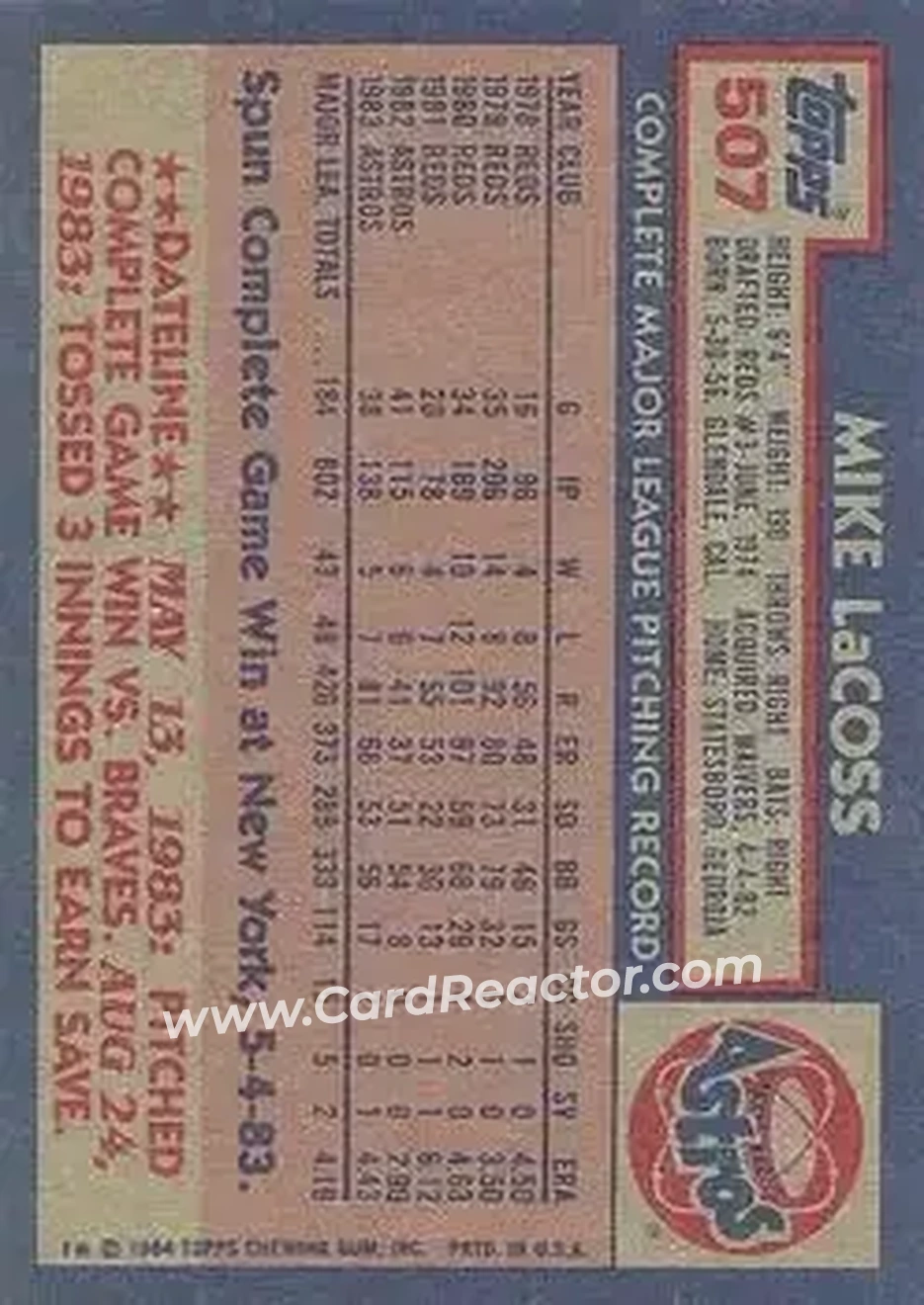 1984 Topps #507 - Mike LaCoss - Houston Astros - Back