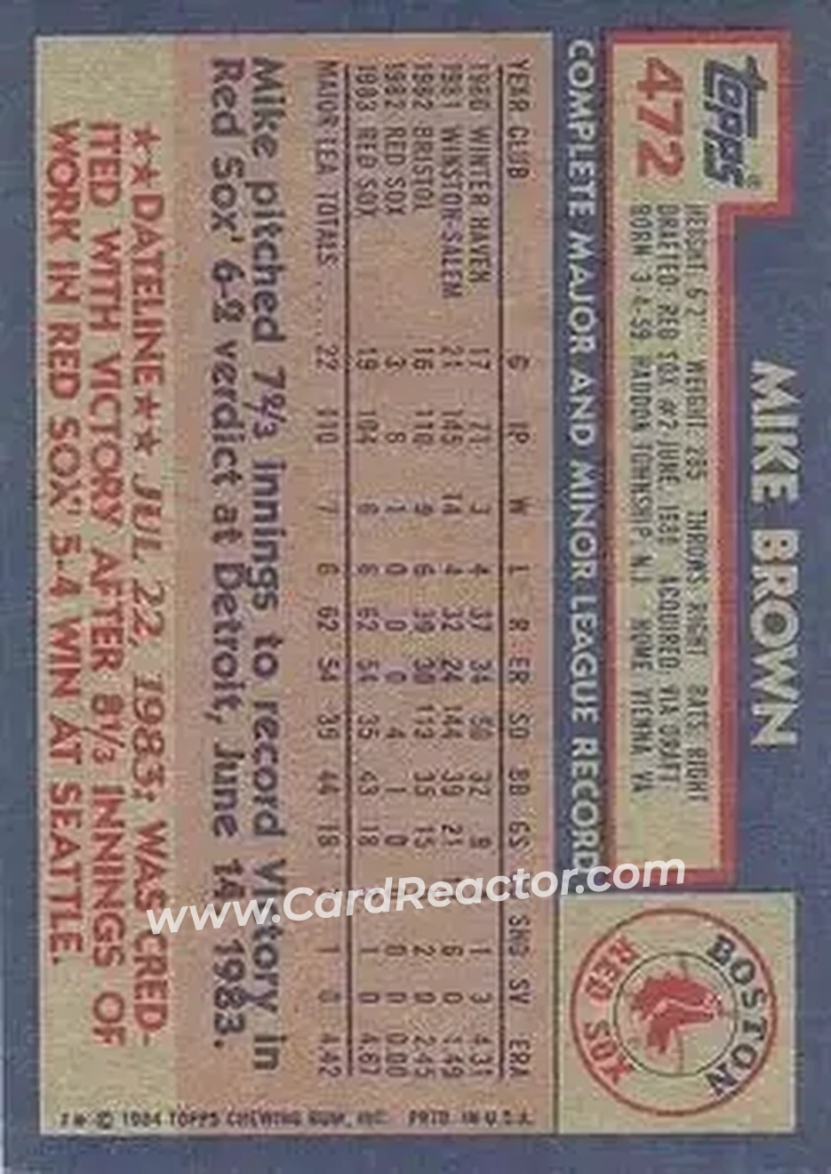 1984 Topps #472 - Mike Brown - Boston Red Sox - Back