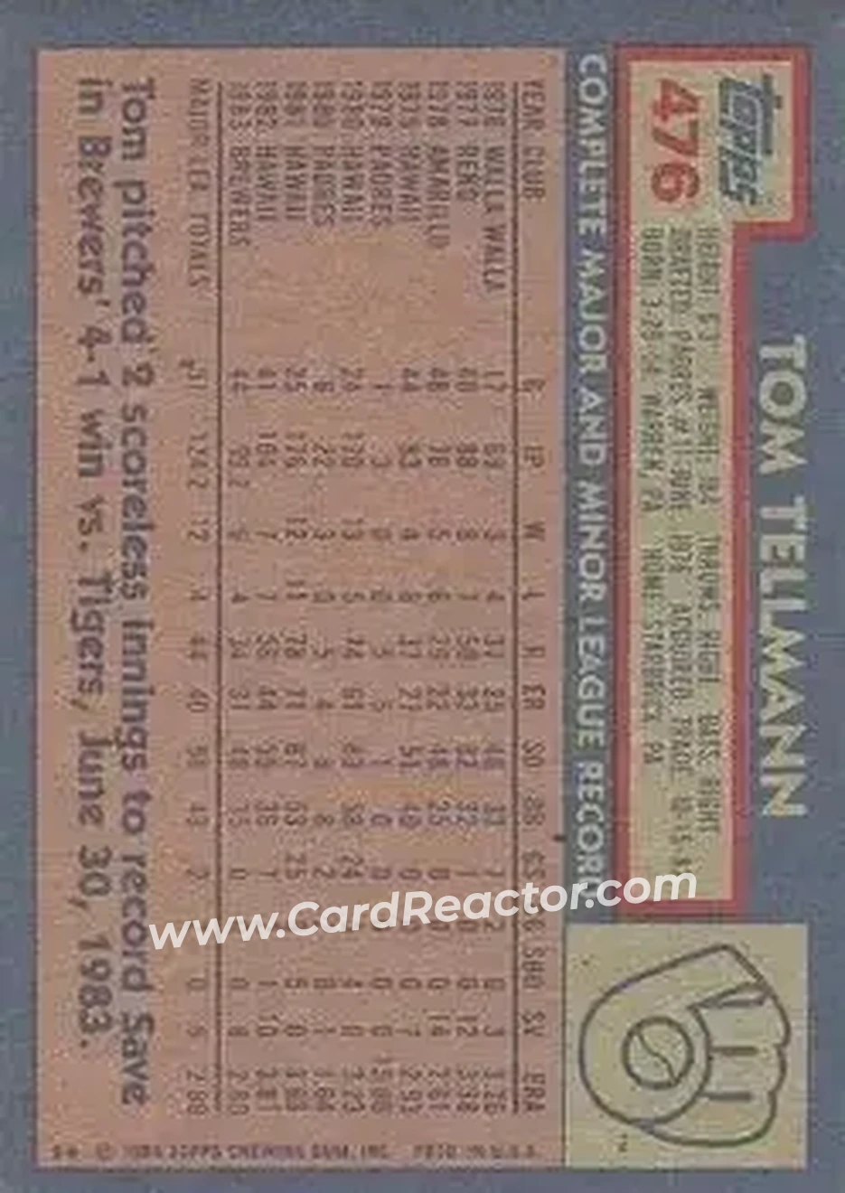 1984 Topps #476 - Tom Tellmann - Milwaukee Brewers - Back