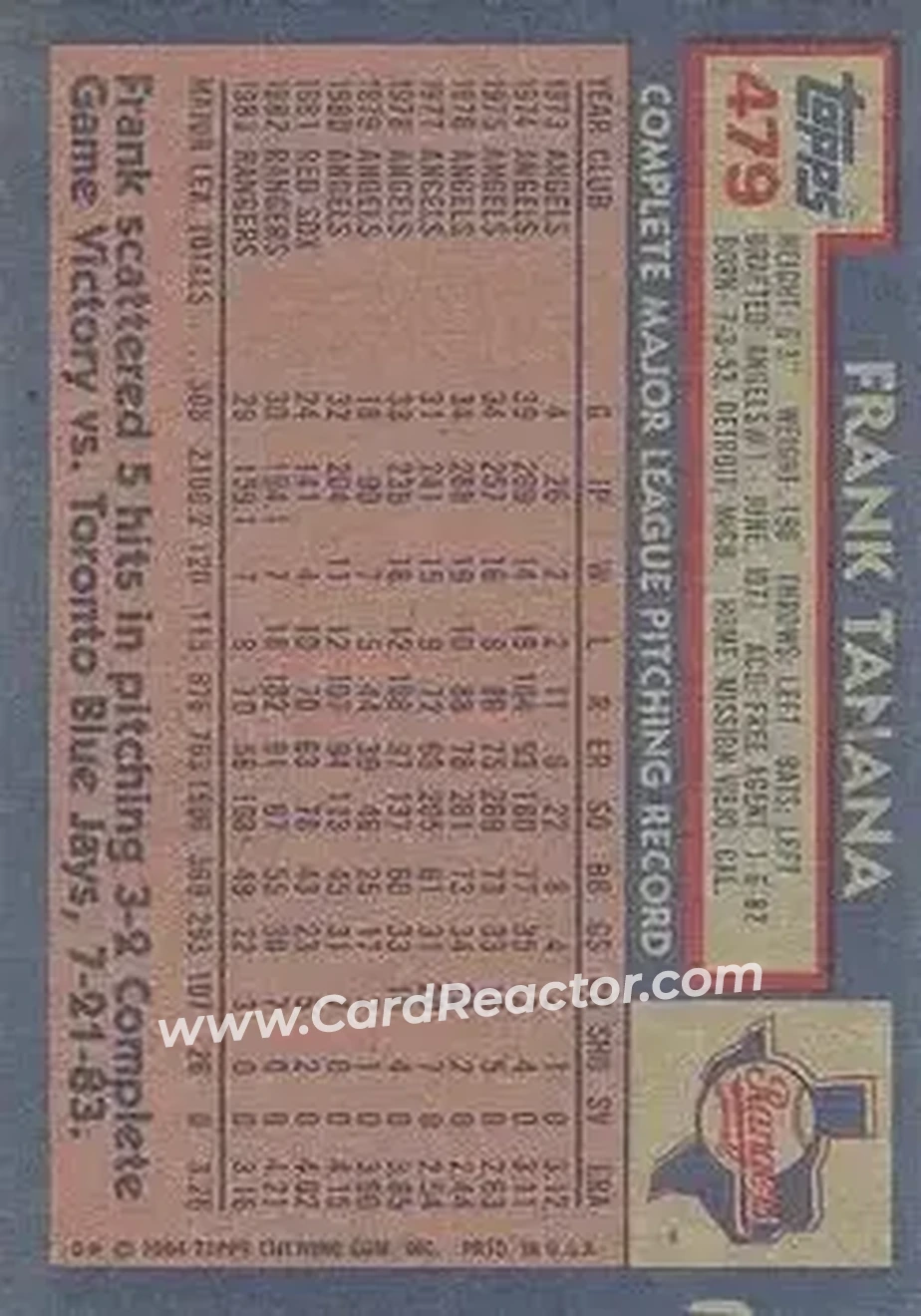 1984 Topps #479 - Frank Tanana - Texas Rangers - Back