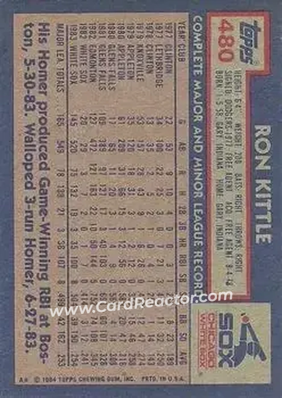1984 Topps #480 - Ron Kittle - Chicago White Sox - Back