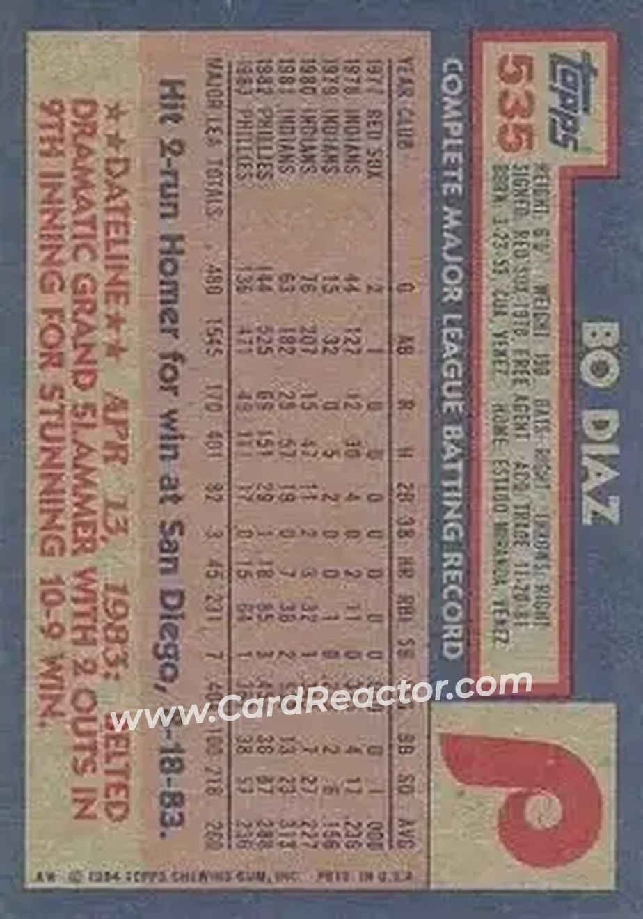 1984 Topps #535 - Bo Diaz - Philadelphia Phillies - Back