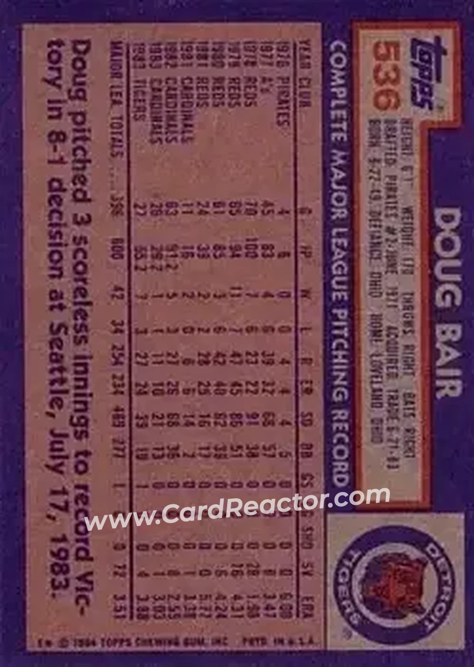 1984 Topps #536 - Doug Bair - Detroit Tigers - Back
