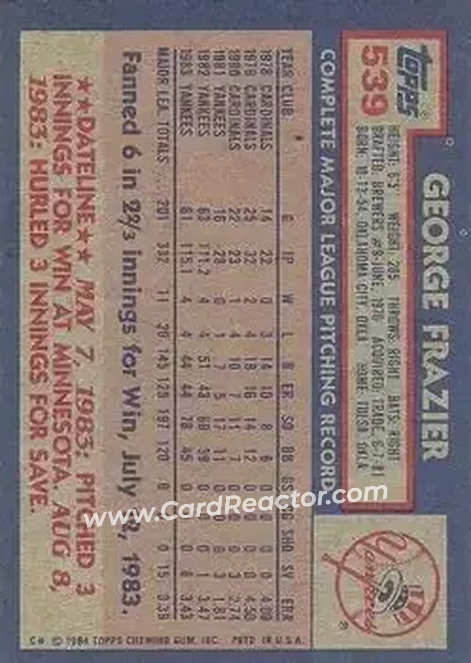 1984 Topps #539 - George Frazier - New York Yankees - Back