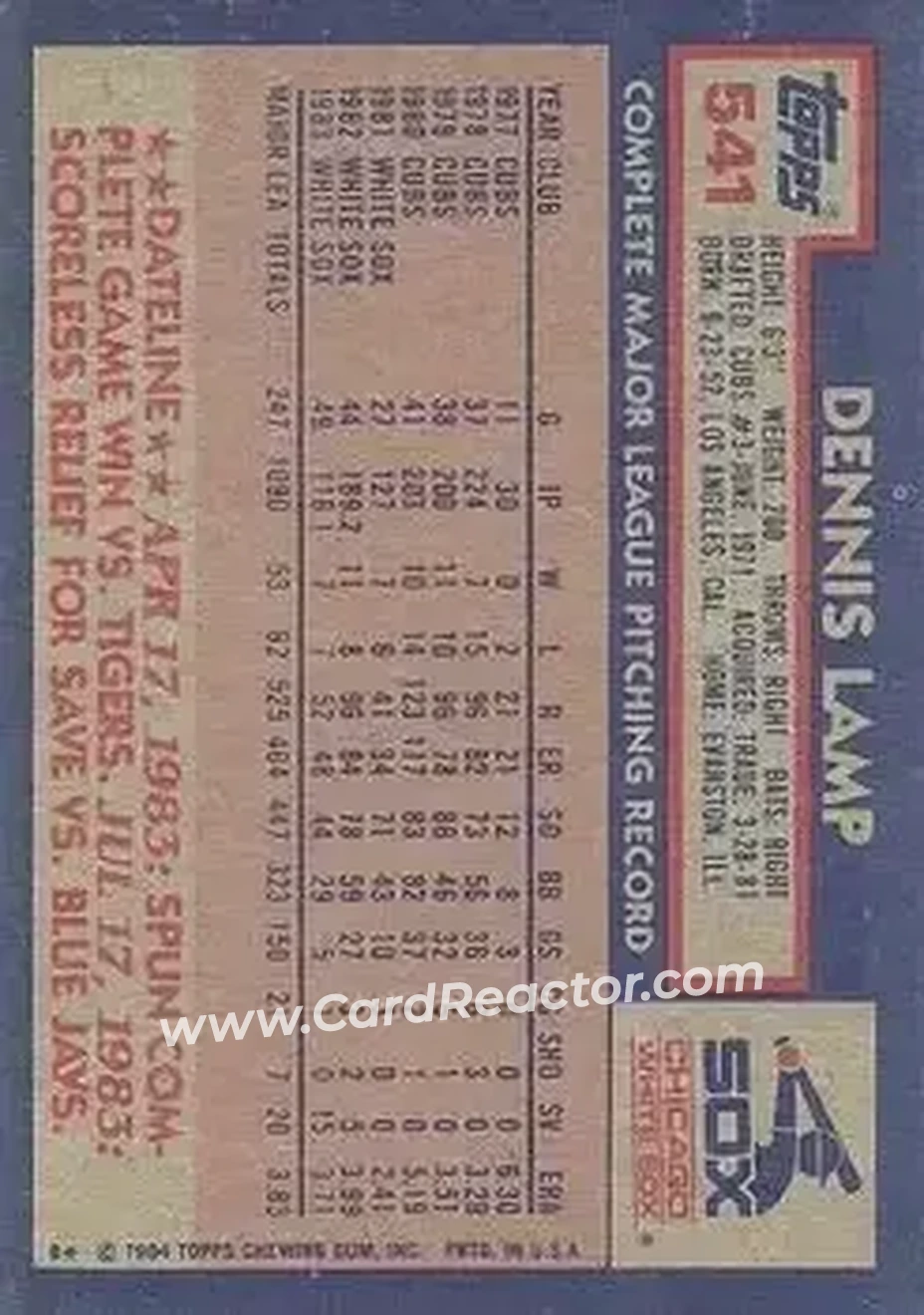 1984 Topps #541 - Dennis Lamp - Chicago White Sox - Back