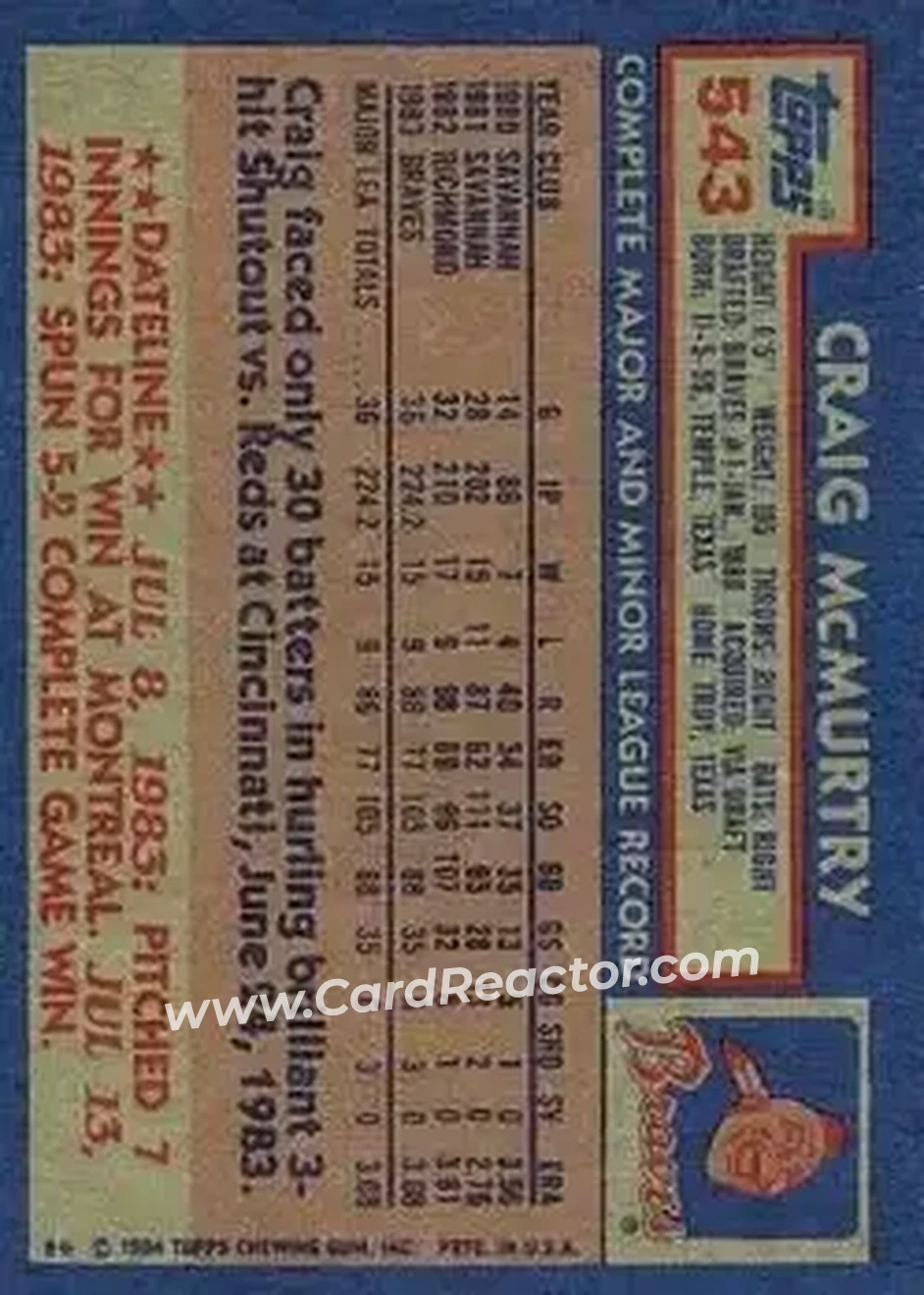 1984 Topps #543 - Craig McMurtry - Atlanta Braves - Back