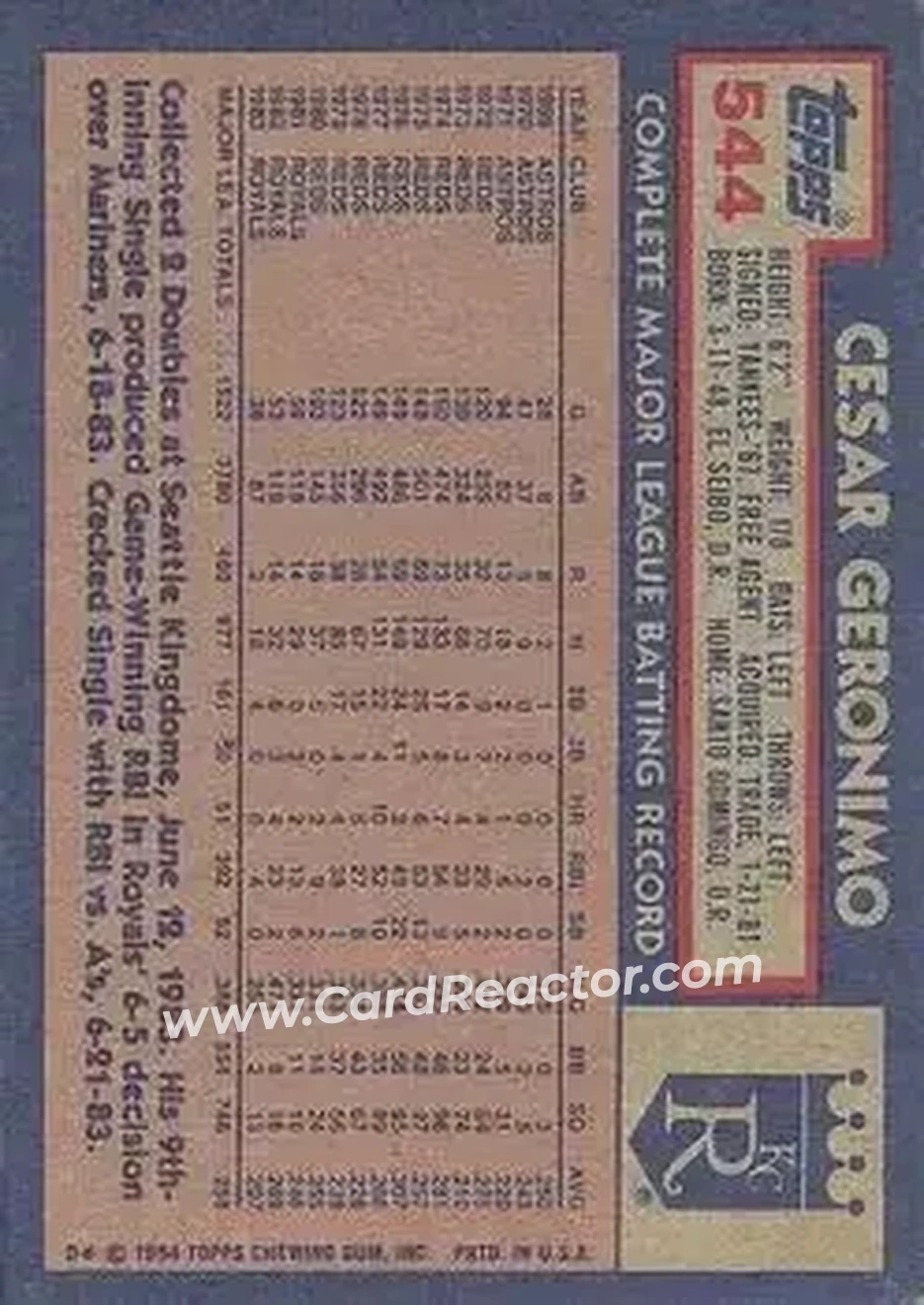 1984 Topps #544 - Cesar Geronimo - Kansas City Royals - Back 1984 Topps #544 - Cesar Geronimo - Kansas City Royals - Back