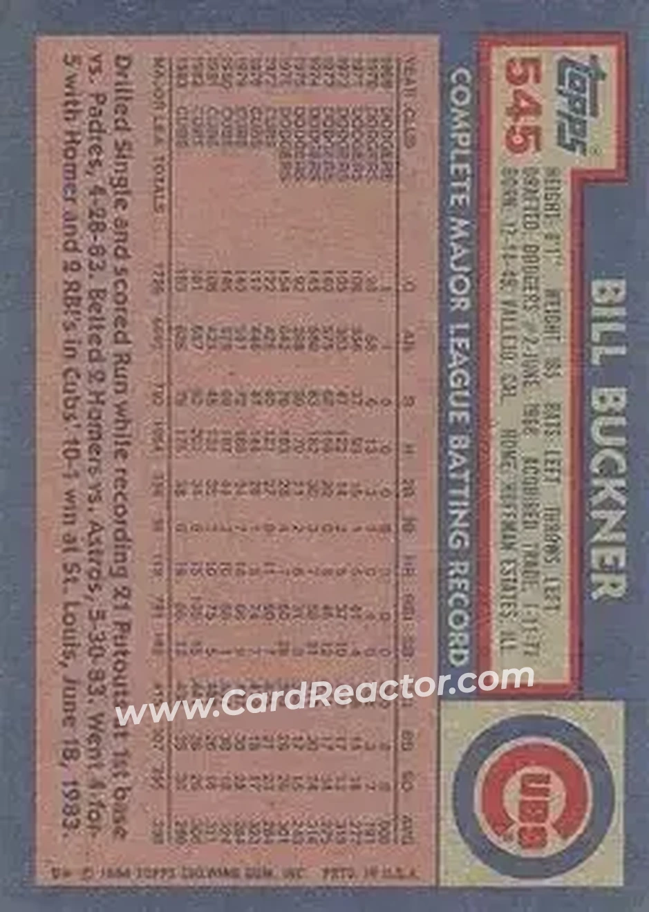 1984 Topps #545 - Bill Buckner - Chicago Cubs - Back 1984 Topps #545 - Bill Buckner - Chicago Cubs - Back