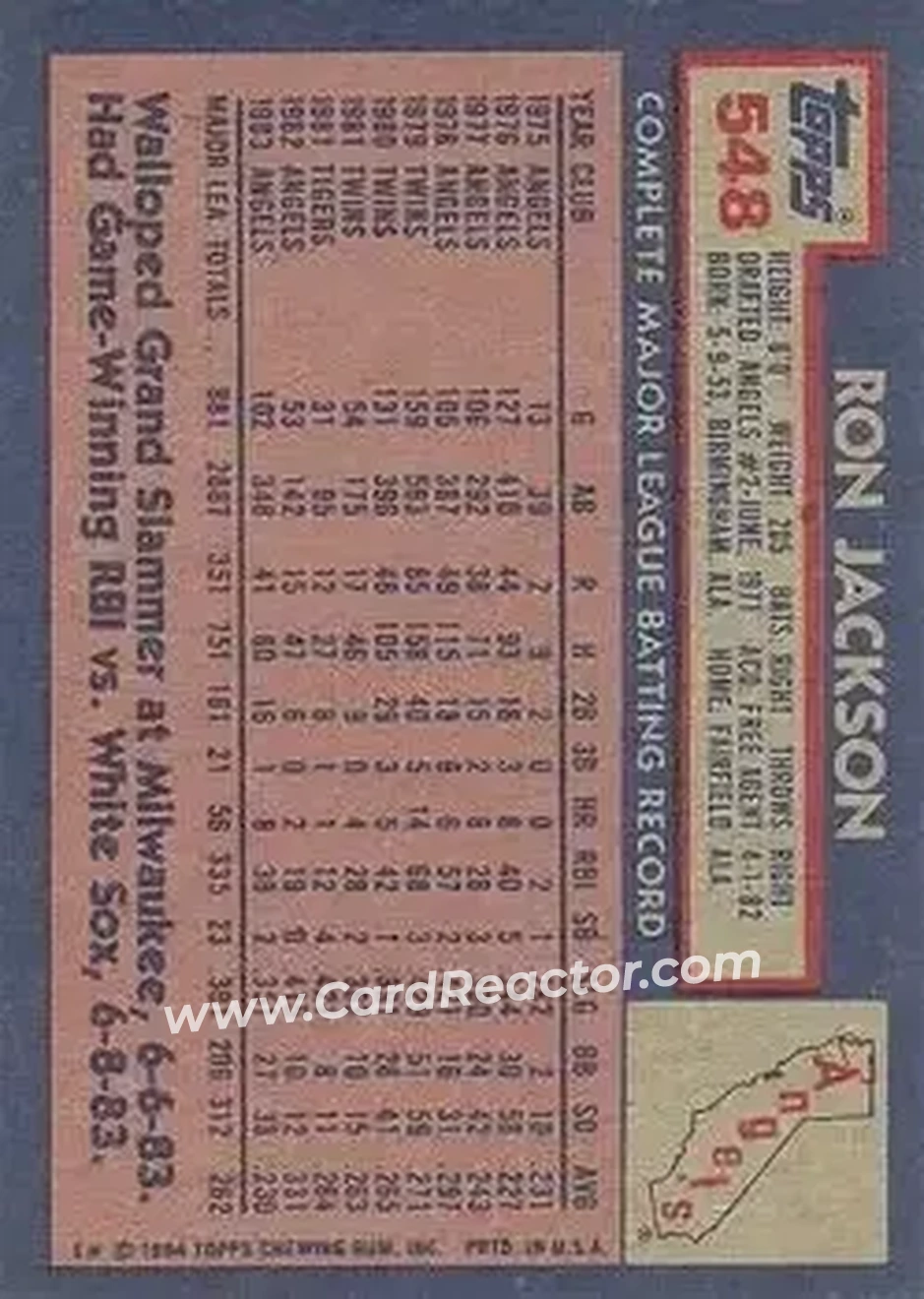 1984 Topps #548 - Ron Jackson - California Angels - Back