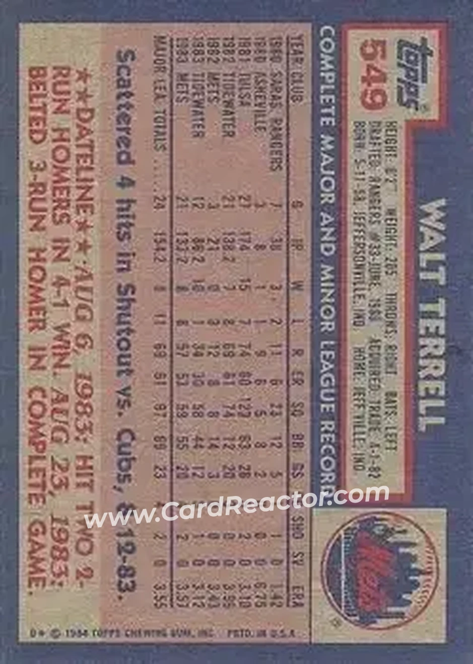 1984 Topps #549 - Walt Terrell - New York Mets - Back