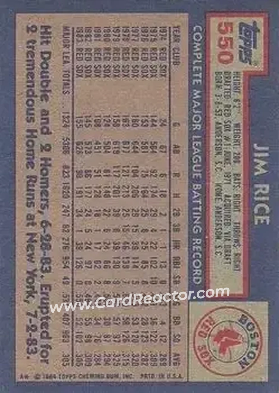 1984 Topps #550 - Jim Rice - Boston Red Sox - Back