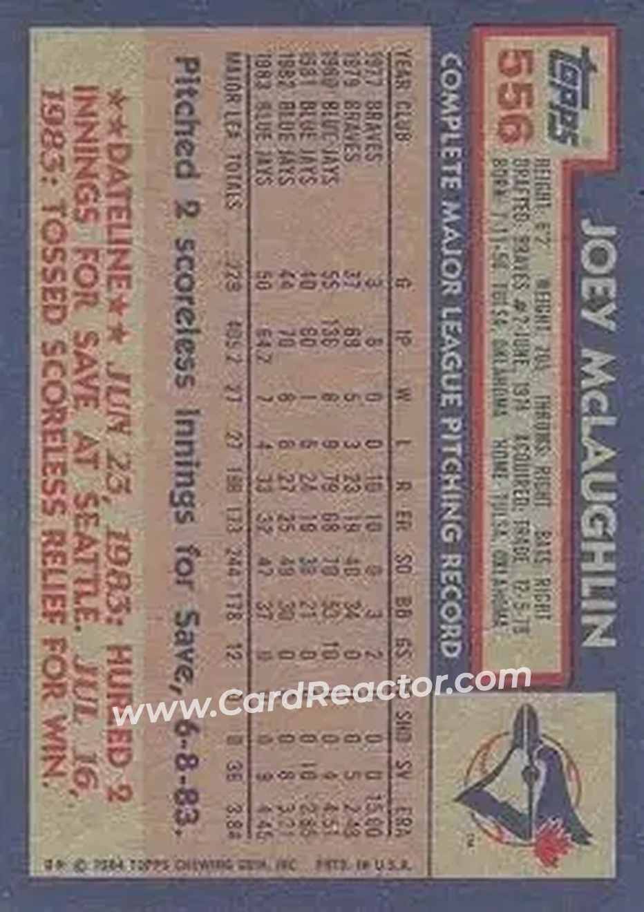 1984 Topps #556 - Joey McLaughlin - Toronto Blue Jays - Back