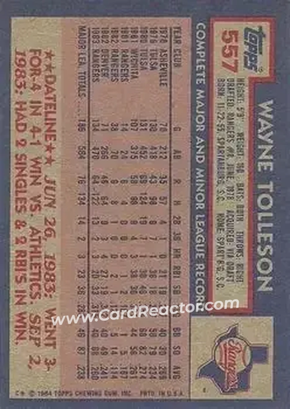 1984 Topps #557 - Wayne Tolleson - Texas Rangers - Back