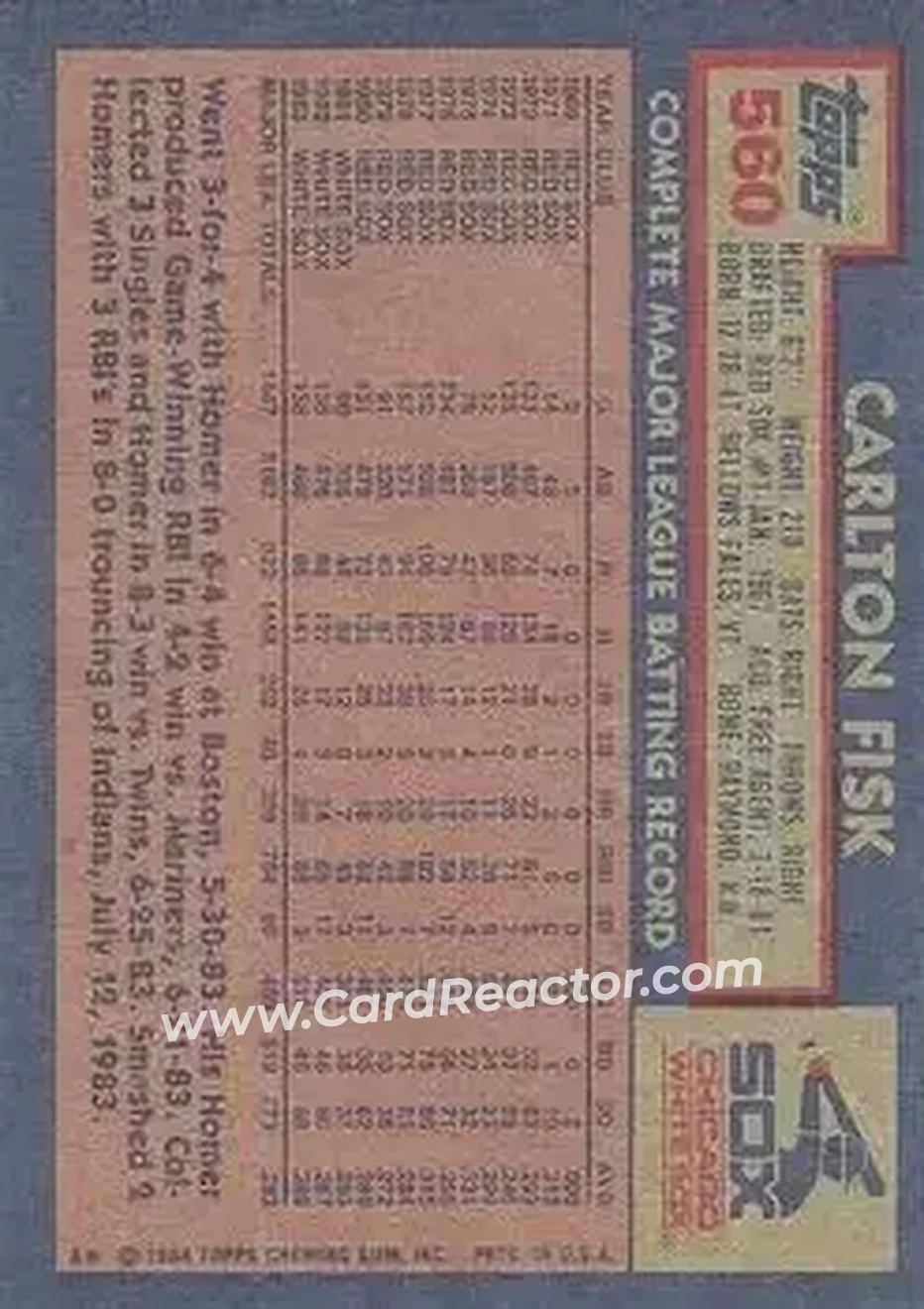 1984 Topps #560 - Carlton Fisk - Chicago White Sox - Back
