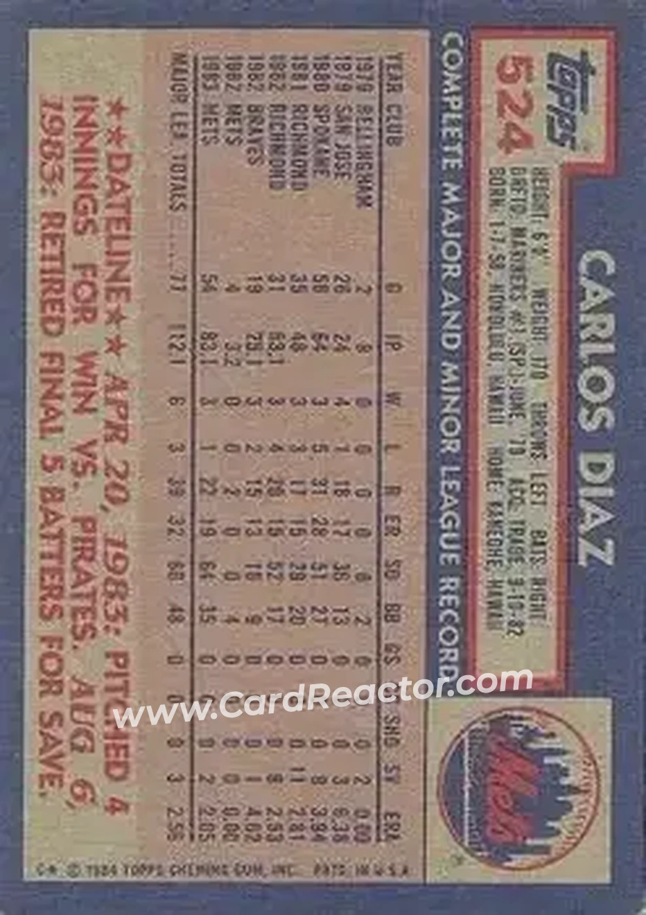 1984 Topps #524 - Carlos Diaz - New York Mets - Back