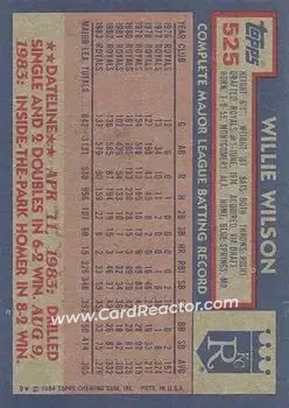 1984 Topps #525 - Willie Wilson - Kansas City Royals - Back