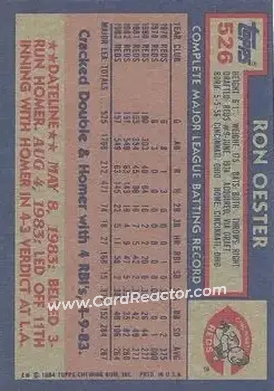 1984 Topps #526 - Ron Oester - Cincinnati Reds - Back