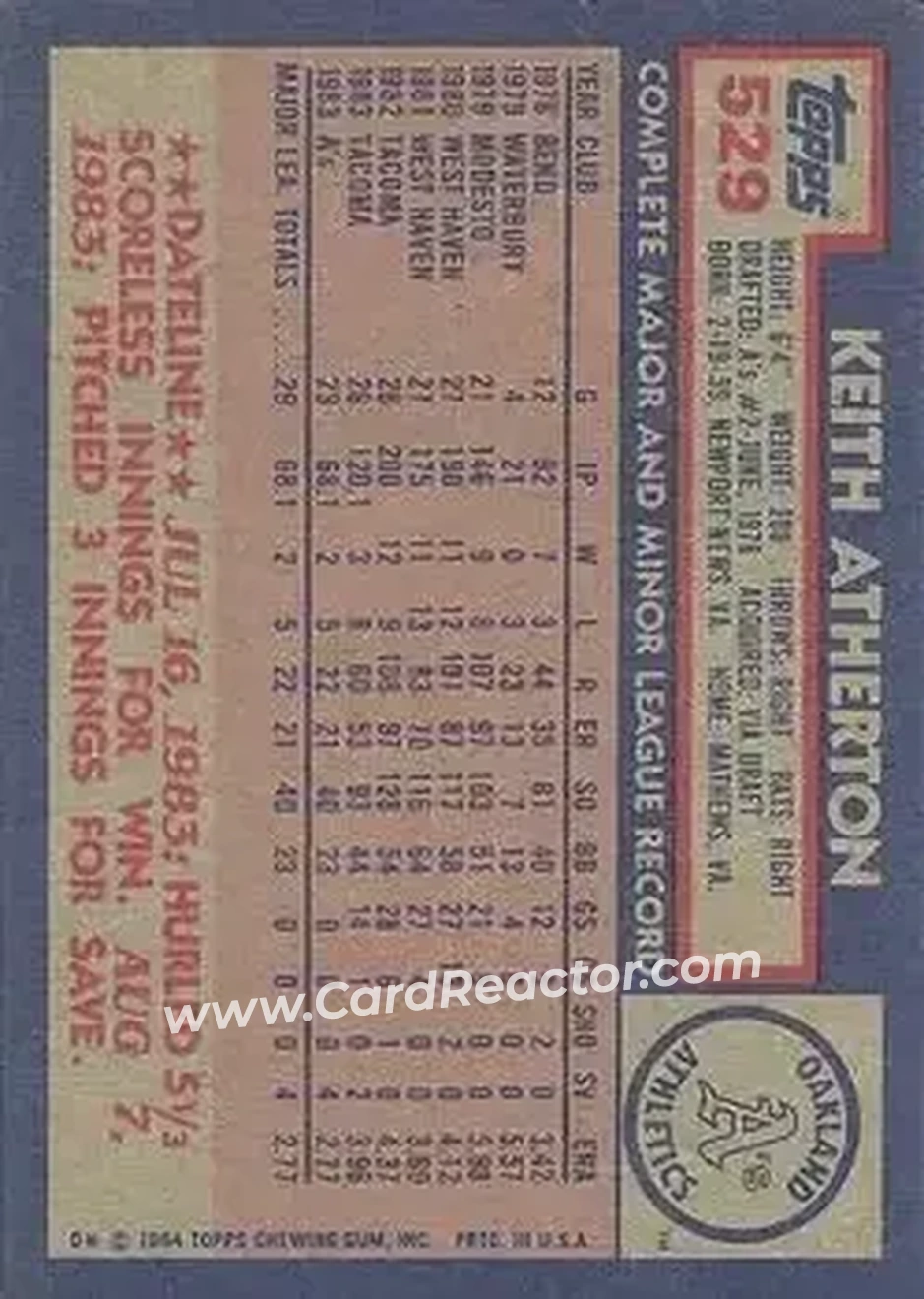 1984 Topps #529 - Keith Atherton - Oakland Athletics - Back