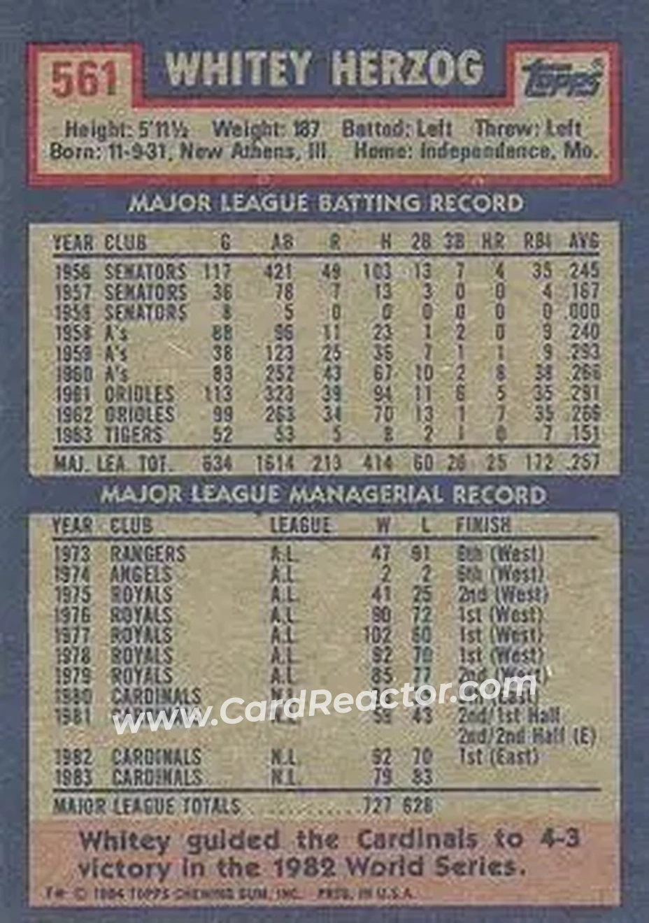 1984 Topps #561 - Whitey Herzog - St. Louis Cardinals - Back