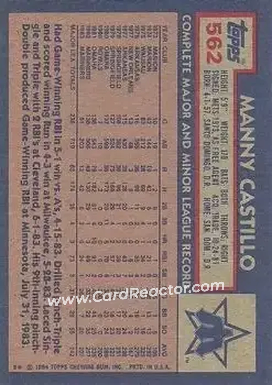 1984 Topps #562 - Manny Castillo - Seattle Mariners - Back