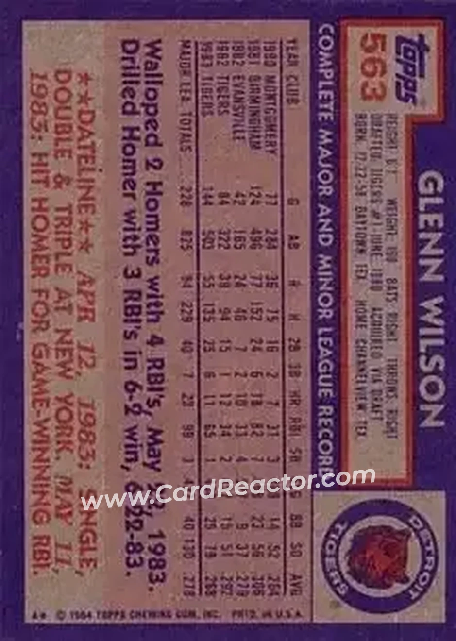 1984 Topps #563 - Glenn Wilson - Detroit Tigers - Back