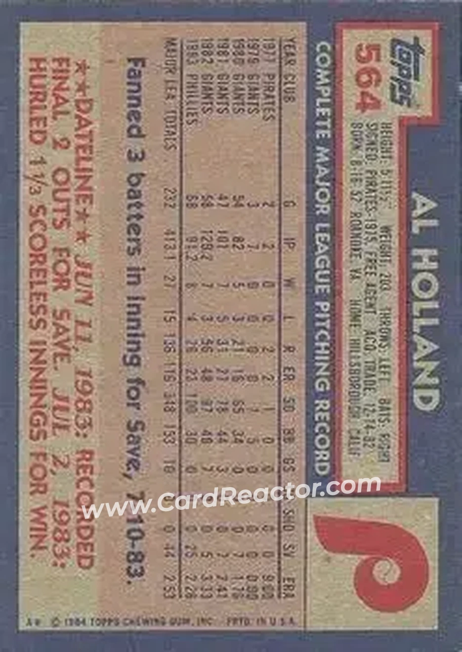 1984 Topps #564 - Al Holland - Philadelphia Phillies - Back