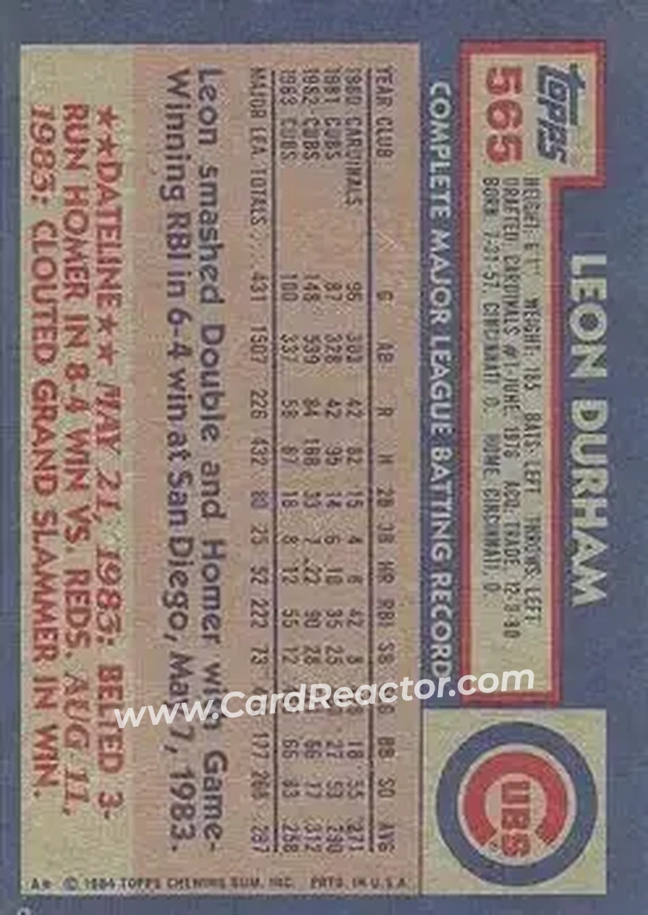 1984 Topps #565 - Leon Durham - Chicago Cubs - Back 1984 Topps #565 - Leon Durham - Chicago Cubs - Back