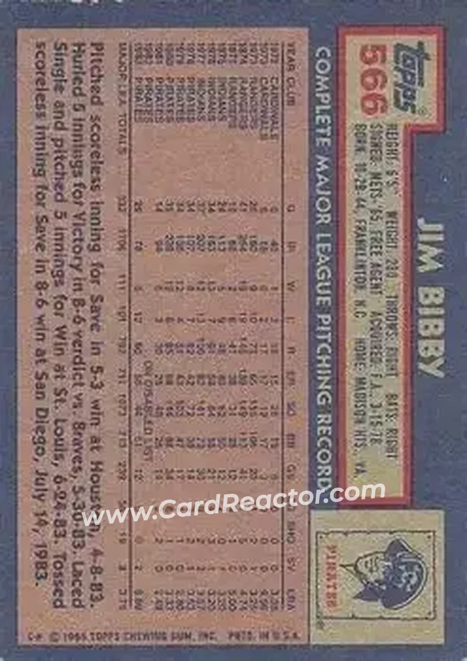 1984 Topps #566 - Jim Bibby - Pittsburgh Pirates - Back