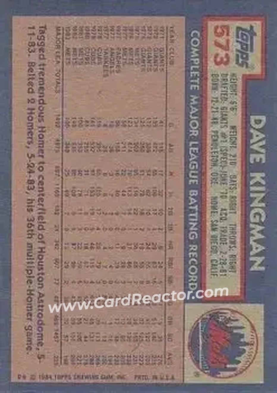 1984 Topps #573 - Dave Kingman - New York Mets - Back
