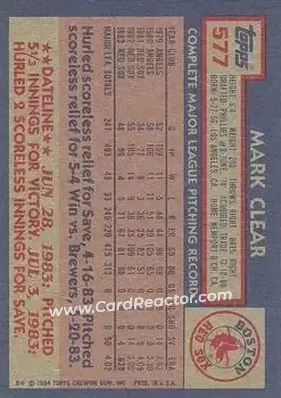1984 Topps #577 - Mark Clear - Boston Red Sox - Back